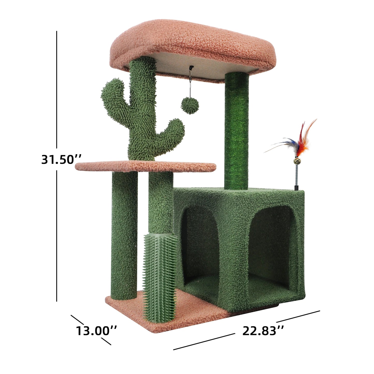 31.50" Cactus Cat Tree for Indoor Cats with Cat Condo and Scratching Post,Cute Cat Tower with Self-Grooming Brush and Toy Balls,Green