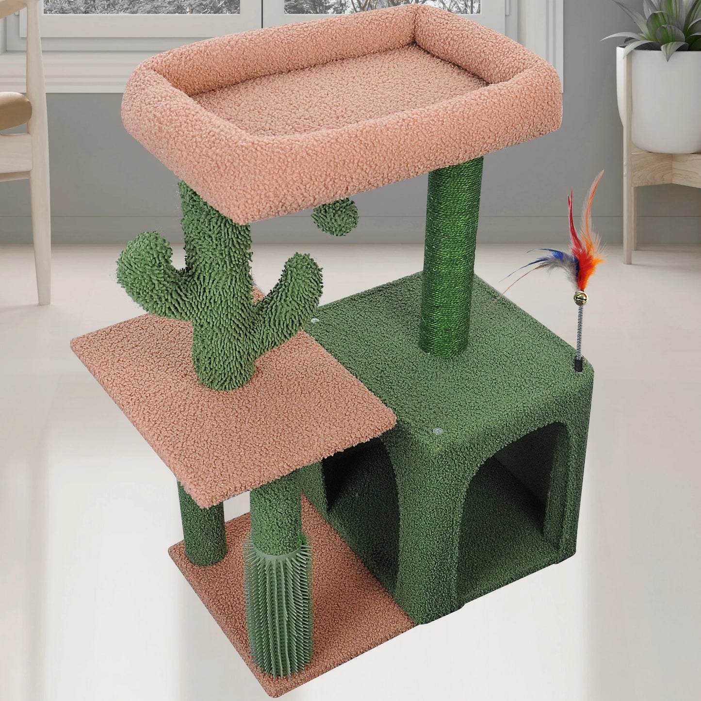 31.50" Cactus Cat Tree for Indoor Cats with Cat Condo and Scratching Post,Cute Cat Tower with Self-Grooming Brush and Toy Balls,Green