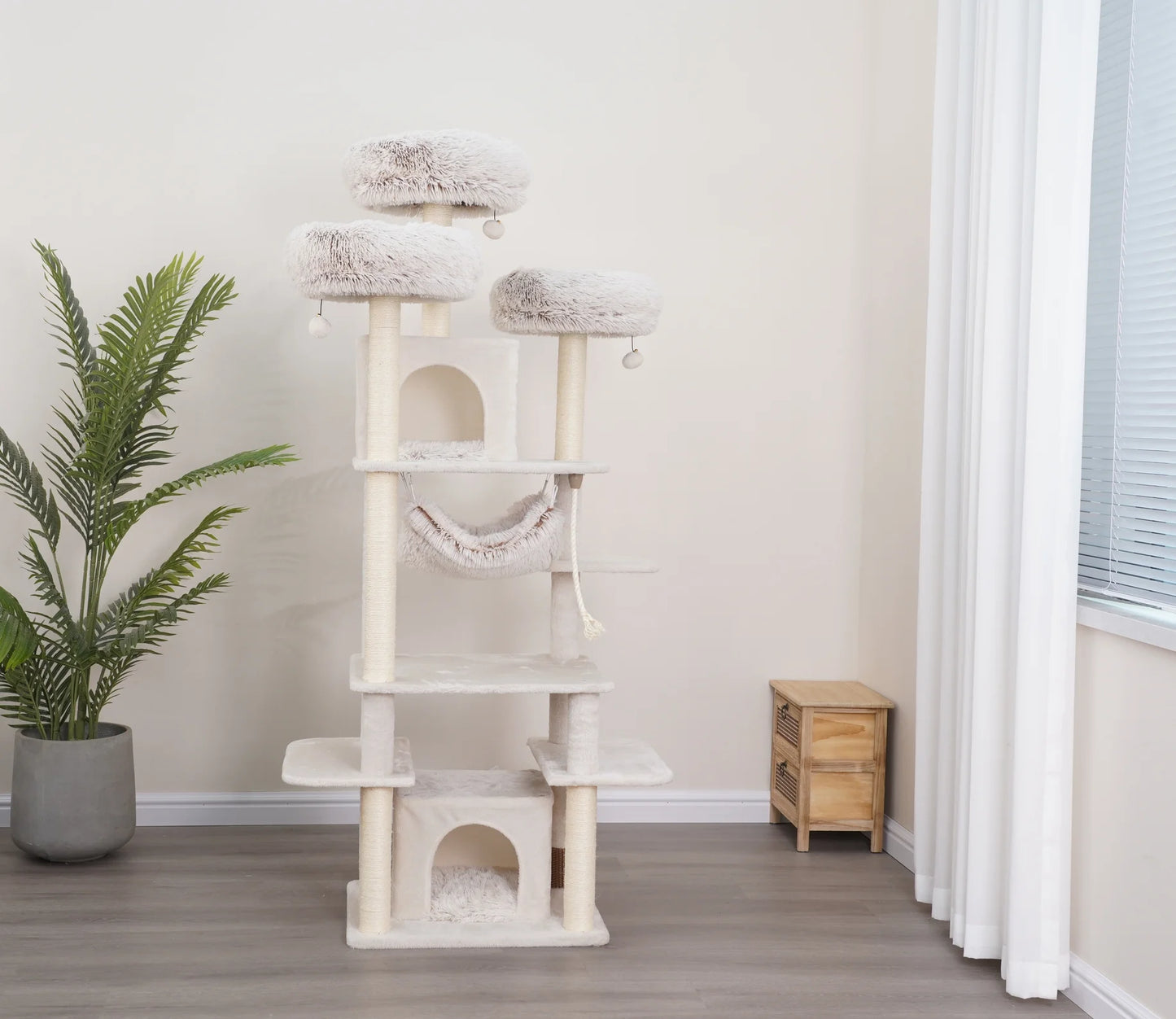 8-Level 72.4" Cat Tree Sanctuary with Condos Hammock Perches Toys, Cream