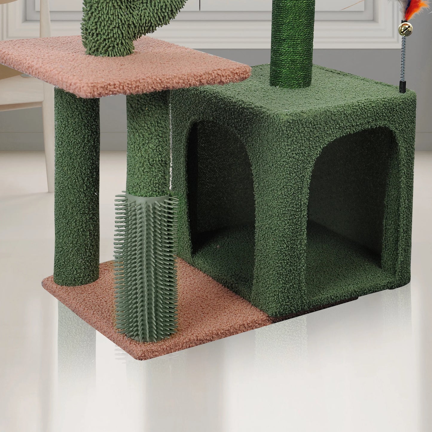 31.50" Cactus Cat Tree for Indoor Cats with Cat Condo and Scratching Post,Cute Cat Tower with Self-Grooming Brush and Toy Balls,Green