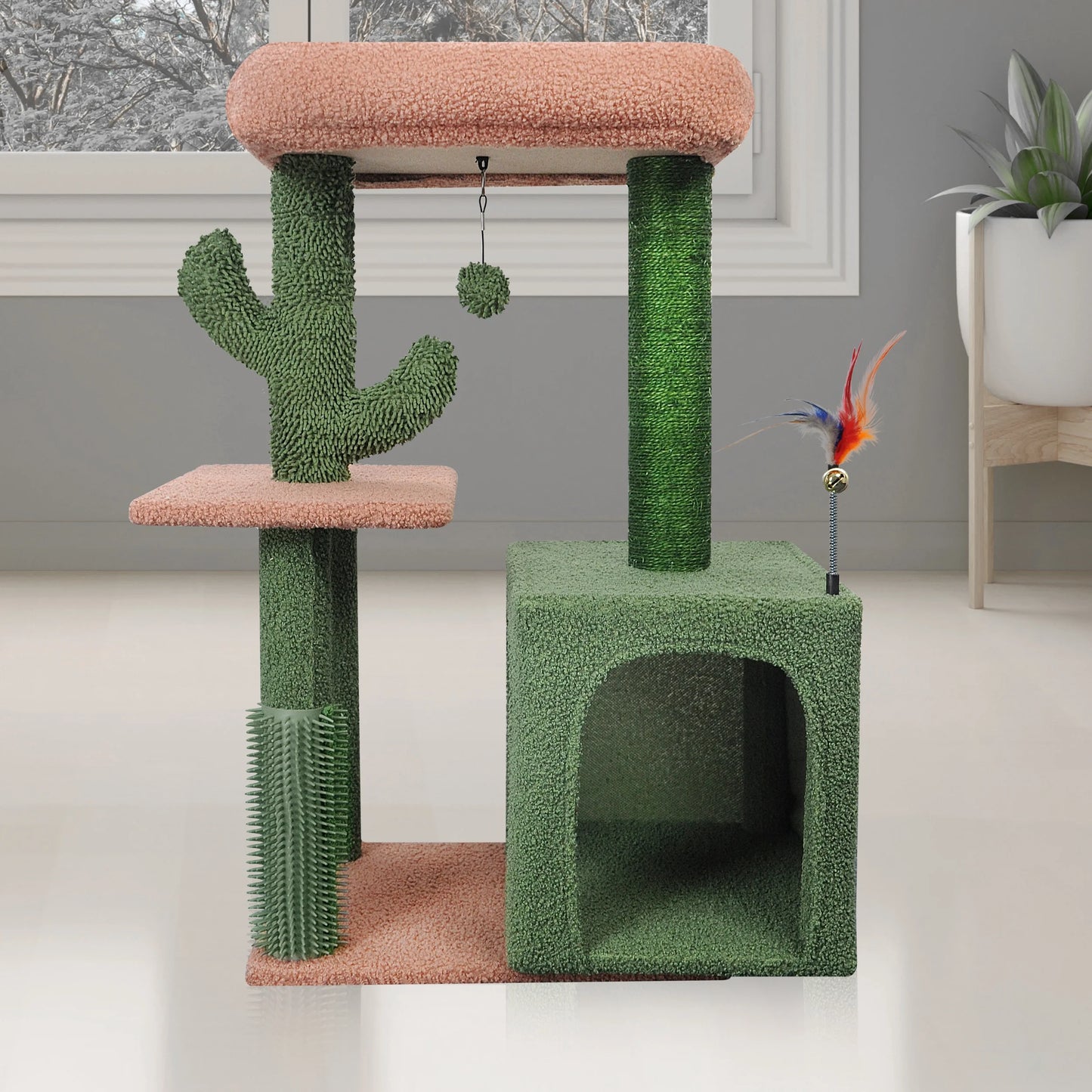 31.50" Cactus Cat Tree for Indoor Cats with Cat Condo and Scratching Post,Cute Cat Tower with Self-Grooming Brush and Toy Balls,Green