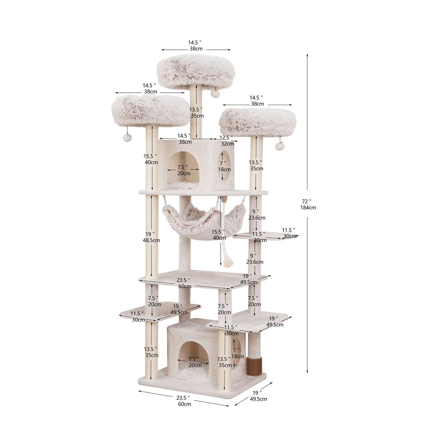 8-Level 72.4" Cat Tree Sanctuary with Condos Hammock Perches Toys, Cream