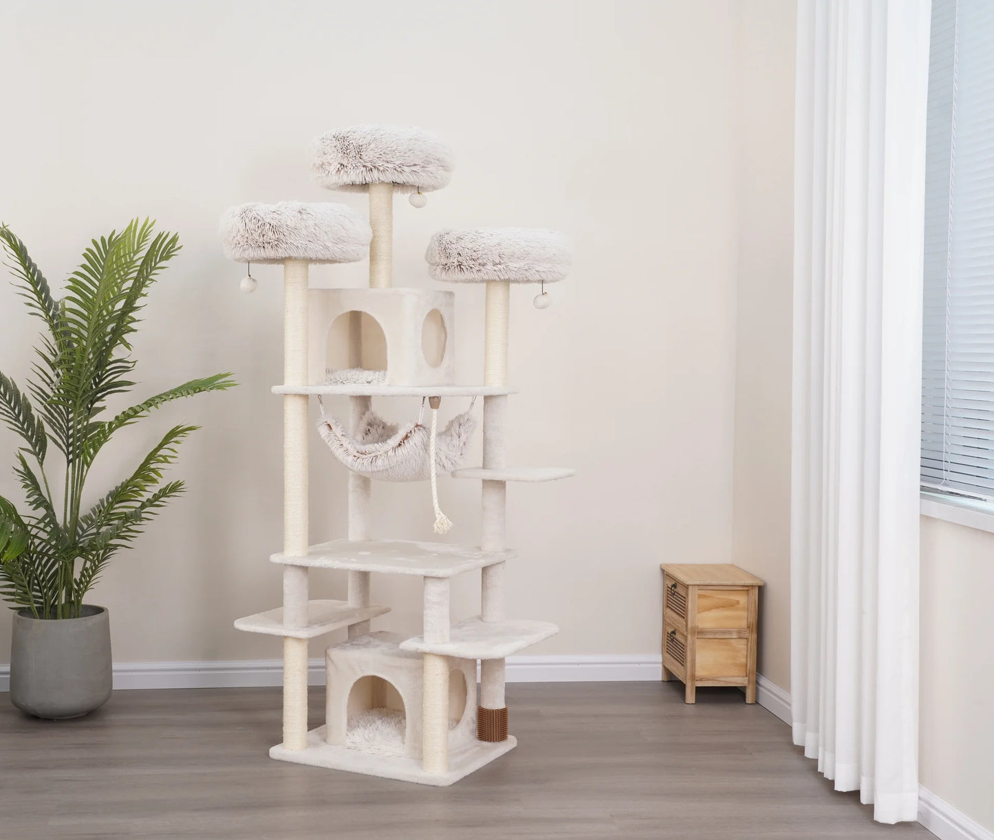 8-Level 72.4" Cat Tree Sanctuary with Condos Hammock Perches Toys, Cream