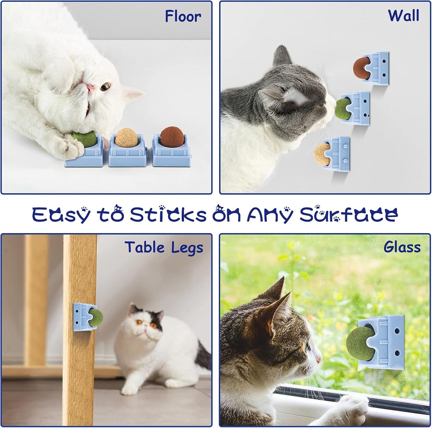 Catnip Toys, Cat Toys for Indoor Cats Natural Cat Treats Rotatable Catnip Ball Safe Healthy Cat Nip Edible Balls Self-Adhesive Catnip Wall Ball for Kitten Kitty