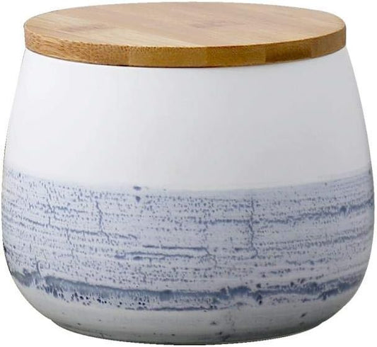 Modern Design Food Storage Canister with Airtight Wooden Lid, Ceramic Food Storage Canister, Matte Food Storage Jar Blue and White (105X105X115Mm 700Ml)