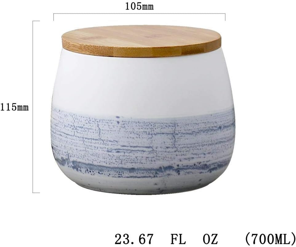 Modern Design Food Storage Canister with Airtight Wooden Lid, Ceramic Food Storage Canister, Matte Food Storage Jar Blue and White (105X105X115Mm 700Ml)