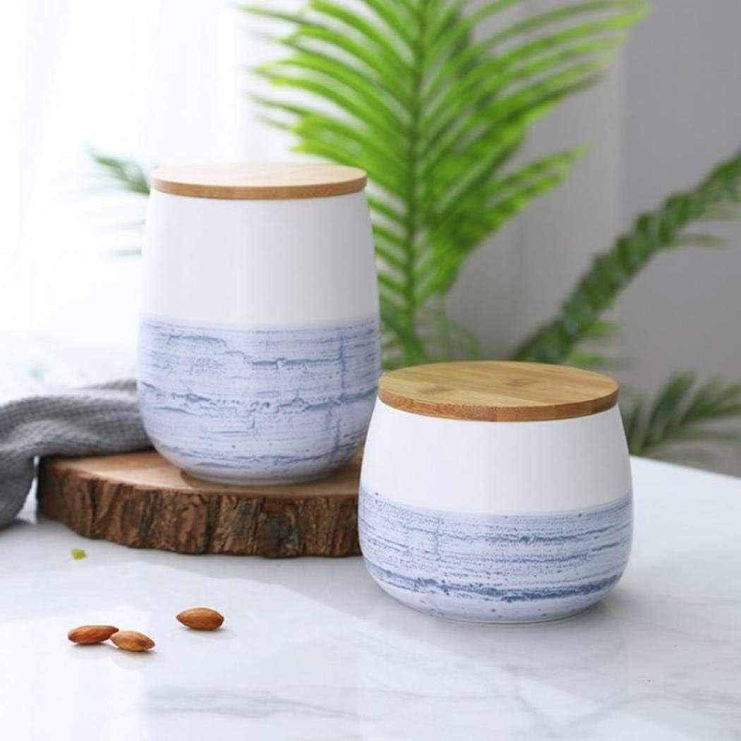Modern Design Food Storage Canister with Airtight Wooden Lid, Ceramic Food Storage Canister, Matte Food Storage Jar Blue and White (105X105X115Mm 700Ml)