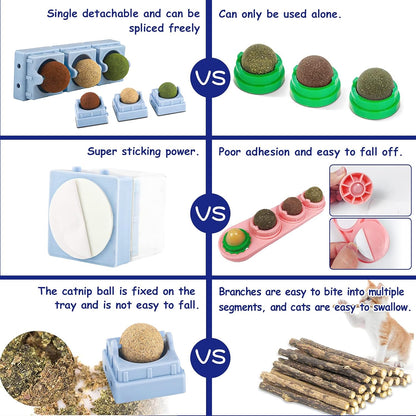 Catnip Toys, Cat Toys for Indoor Cats Natural Cat Treats Rotatable Catnip Ball Safe Healthy Cat Nip Edible Balls Self-Adhesive Catnip Wall Ball for Kitten Kitty