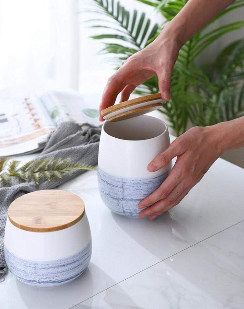 Modern Design Food Storage Canister with Airtight Wooden Lid, Ceramic Food Storage Canister, Matte Food Storage Jar Blue and White (105X105X115Mm 700Ml)