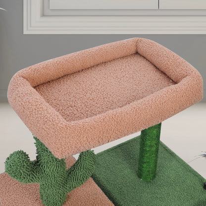 31.50" Cactus Cat Tree for Indoor Cats with Cat Condo and Scratching Post,Cute Cat Tower with Self-Grooming Brush and Toy Balls,Green