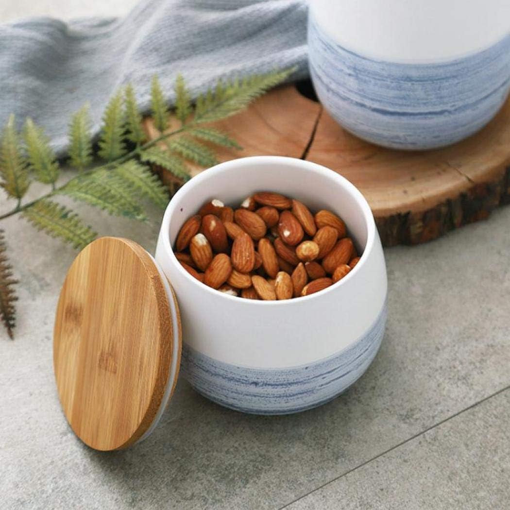 Modern Design Food Storage Canister with Airtight Wooden Lid, Ceramic Food Storage Canister, Matte Food Storage Jar Blue and White (105X105X115Mm 700Ml)