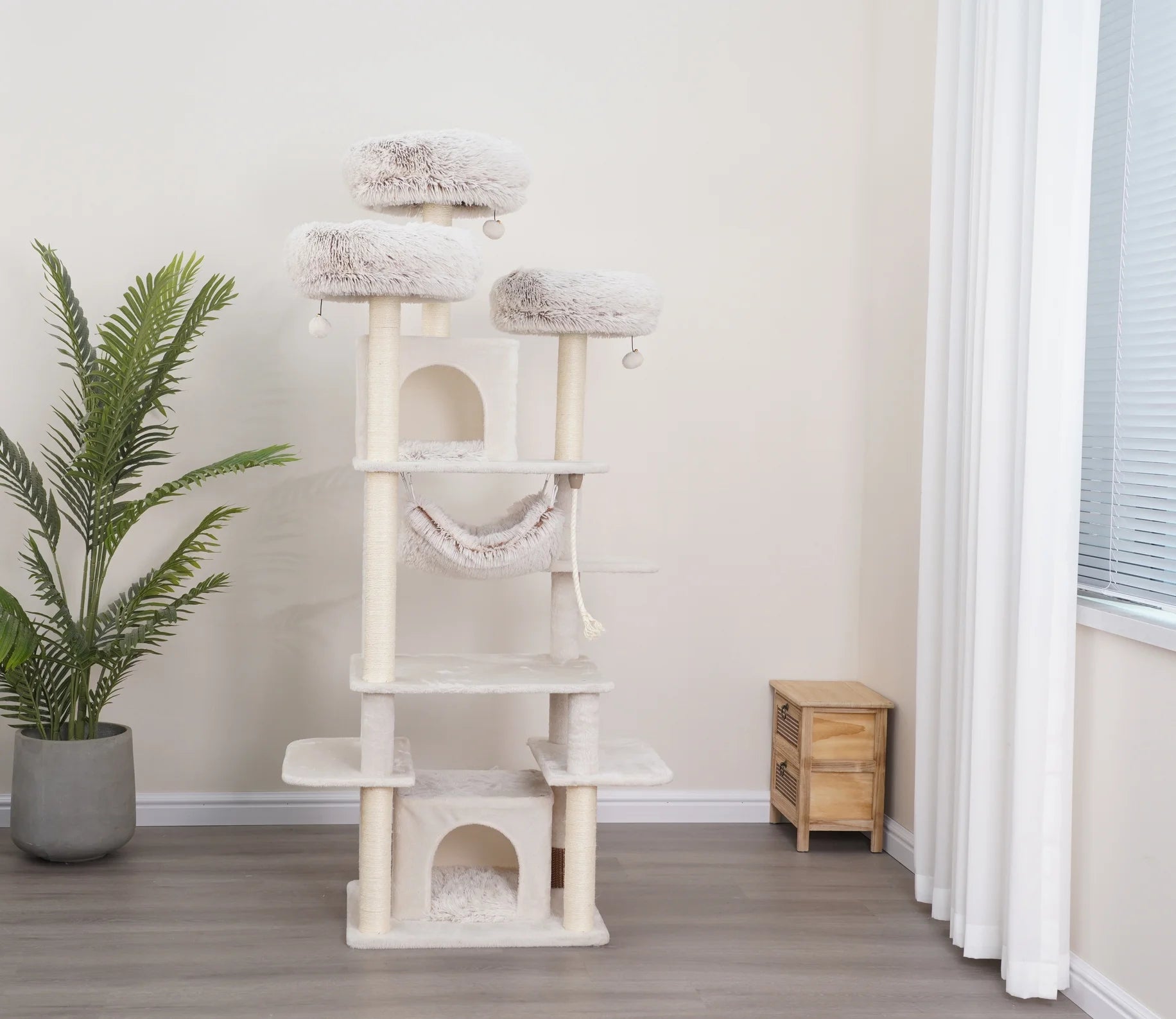8-Level 72.4" Cat Tree Sanctuary with Condos Hammock Perches Toys, Cream