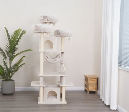 8-Level 72.4" Cat Tree Sanctuary with Condos Hammock Perches Toys, Cream