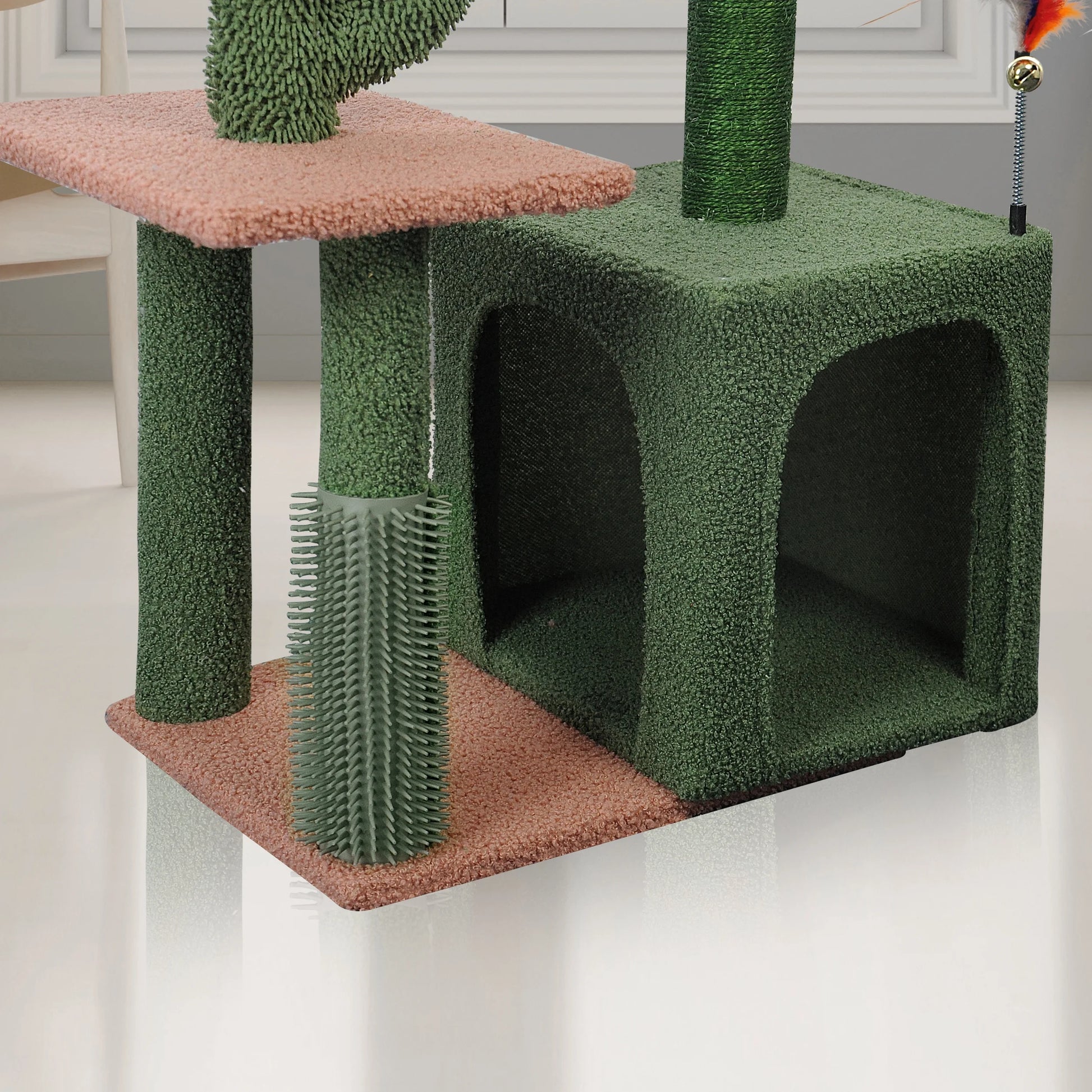 31.50" Cactus Cat Tree for Indoor Cats with Cat Condo and Scratching Post,Cute Cat Tower with Self-Grooming Brush and Toy Balls,Green