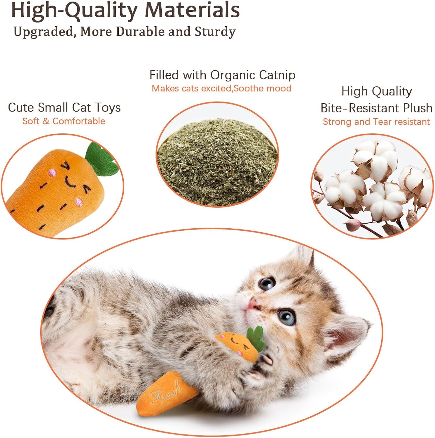 Cat Toys Carrot, Filled Catnip Toys for Cats, Interactive Indoor Kitten Kicker Toy, Cat Nip Chew Toys Promotes Kitty Exercise, 5 Pack