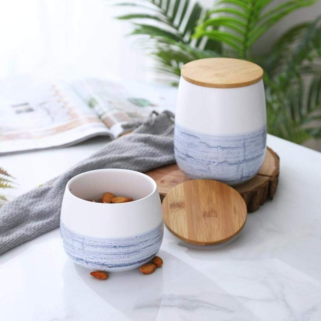 Modern Design Food Storage Canister with Airtight Wooden Lid, Ceramic Food Storage Canister, Matte Food Storage Jar Blue and White (105X105X115Mm 700Ml)