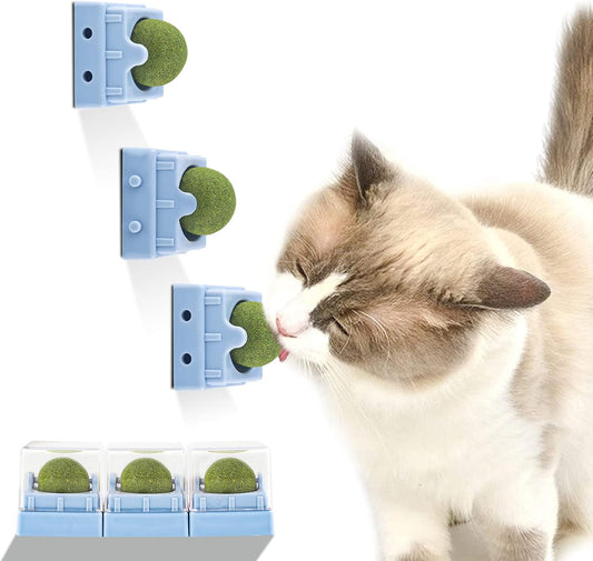 Catnip Toys, Cat Toys for Indoor Cats Natural Cat Treats Rotatable Catnip Ball Safe Healthy Cat Nip Edible Balls Self-Adhesive Catnip Wall Ball for Kitten Kitty