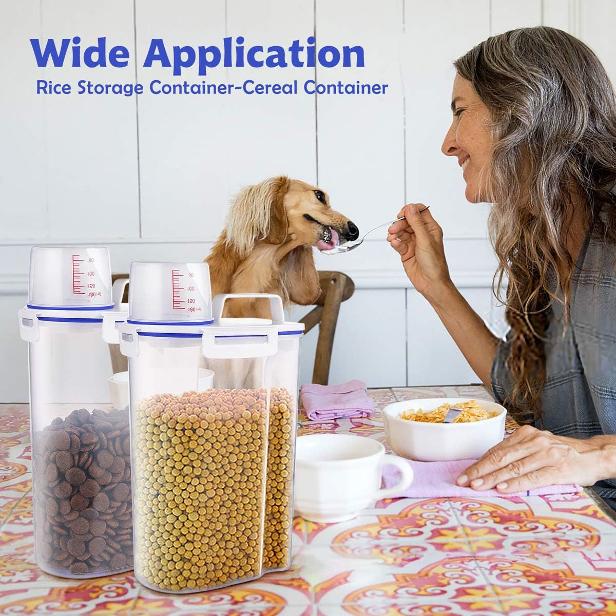 Pet Dog Food Storage Container Small, Airtight Cat Food Container with Measuring Cup, 4 Seal Buckles Food Dispenser with Scoop for Regular Food, Dog, Cat, Bird (White)
