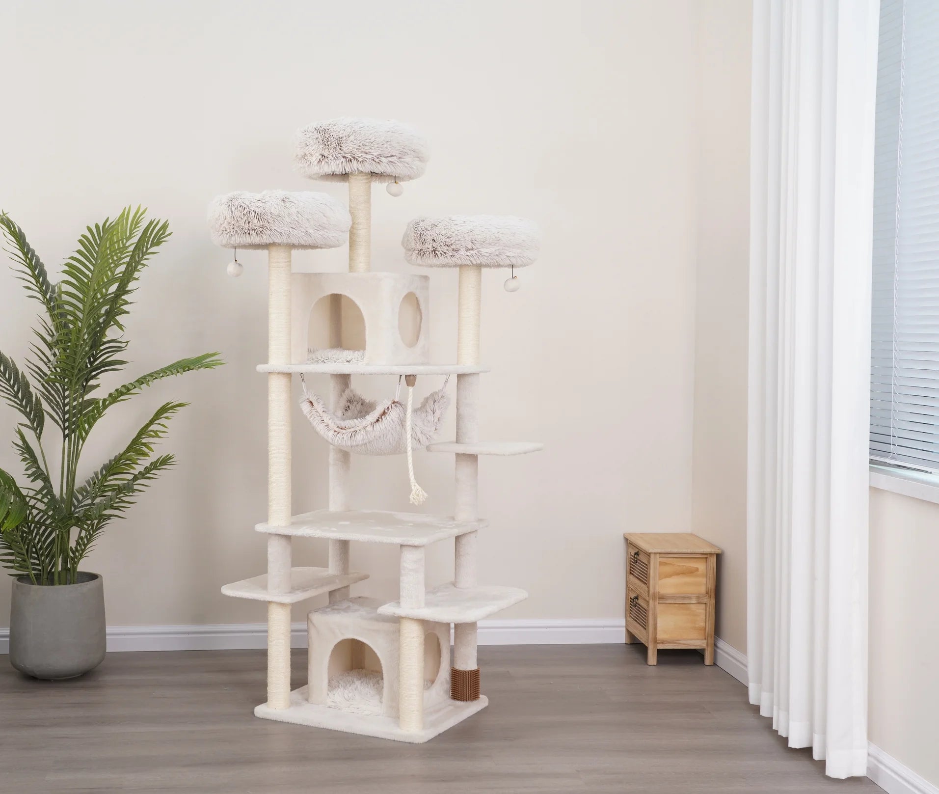 8-Level 72.4" Cat Tree Sanctuary with Condos Hammock Perches Toys, Cream