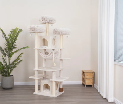 8-Level 72.4" Cat Tree Sanctuary with Condos Hammock Perches Toys, Cream