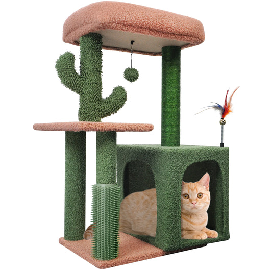 31.50" Cactus Cat Tree for Indoor Cats with Cat Condo and Scratching Post,Cute Cat Tower with Self-Grooming Brush and Toy Balls,Green
