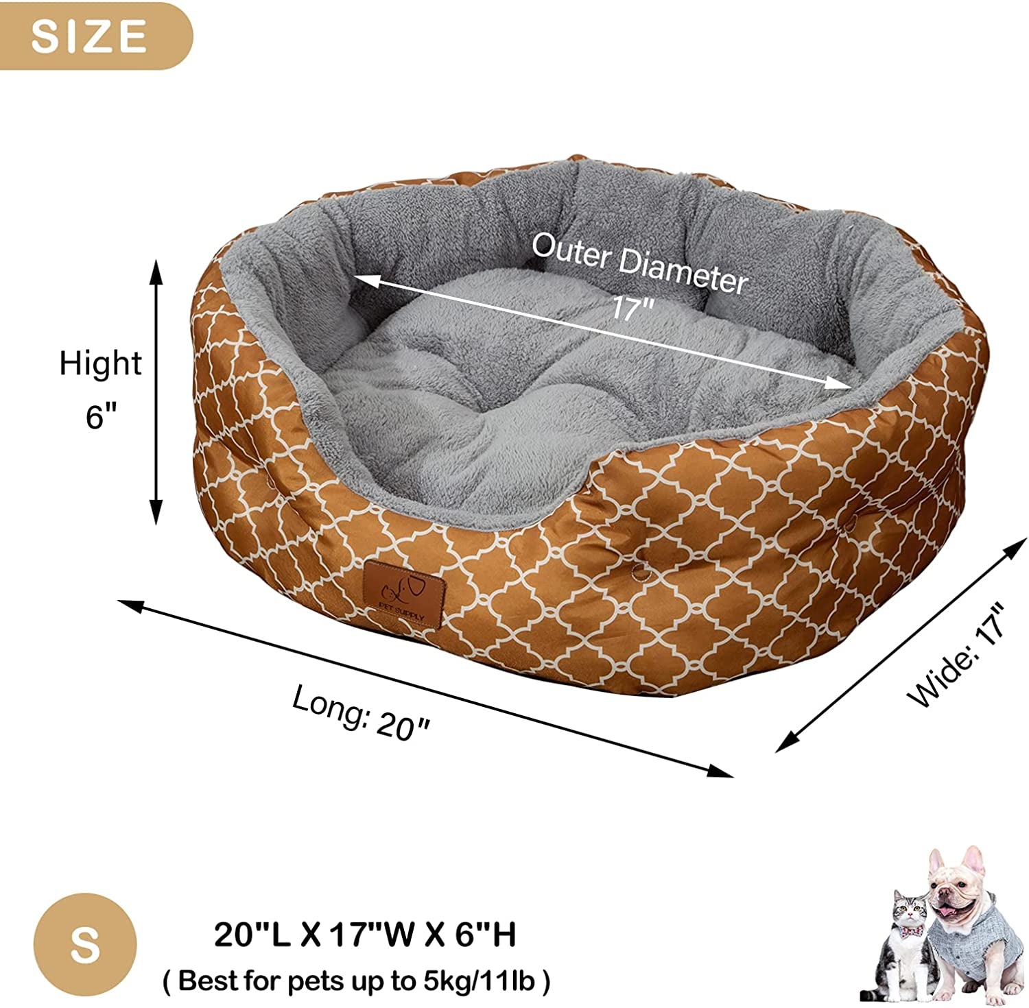20 Inch Big Dog Bed & Cat Bed, Pet Beds for Indoor Cats or Small Dogs, Machine Washable Super Soft & Plush Flannel Pet Supplies, Slip-Resistant Oxford Bottom,Lantern Print Brown